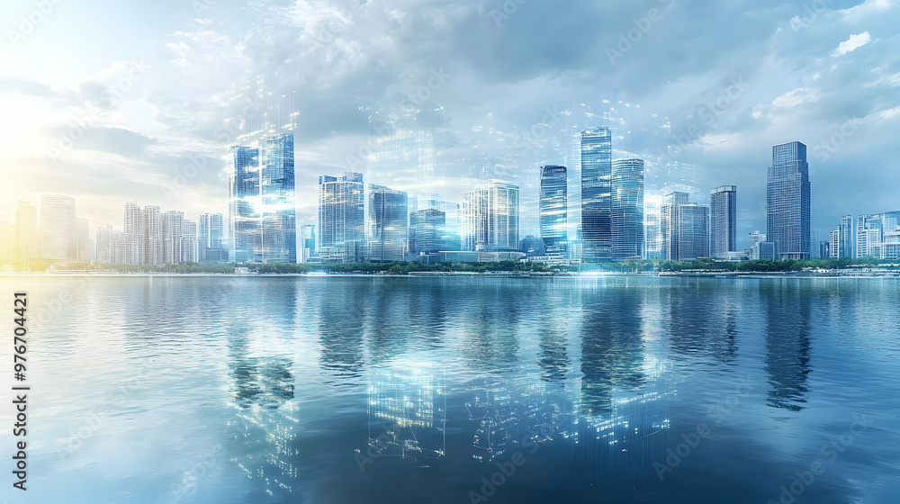 Fototapeta premium Modern Cityscape Reflecting in Calm Water with Futuristic Overlay