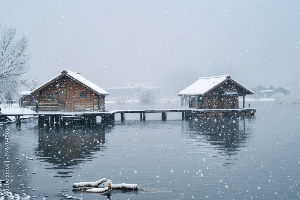 Fototapeta premium On snowy days, the wooden pavilion and boardwalk by the lake