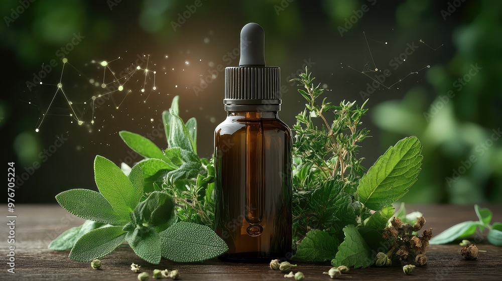 Glass Dropper Bottle of Essential Oil with Fresh Herbs on Wooden Table - Natural Aromatherapy and Skincare Concept Glass Dropper Bottle of Essential Oil with Fresh Herbs on Wooden Table - Natural Aromatherapy and Skincare Concept