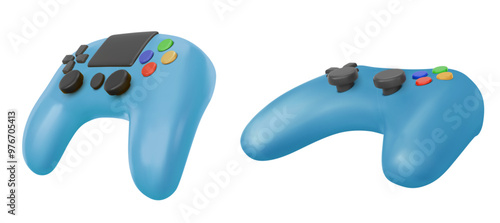 Blue video game console control joystick. Realistic 3d vector illustration set of computer gamepad with sticks and buttons. Electronic hand joypad. Player controller for leisure and entertainment