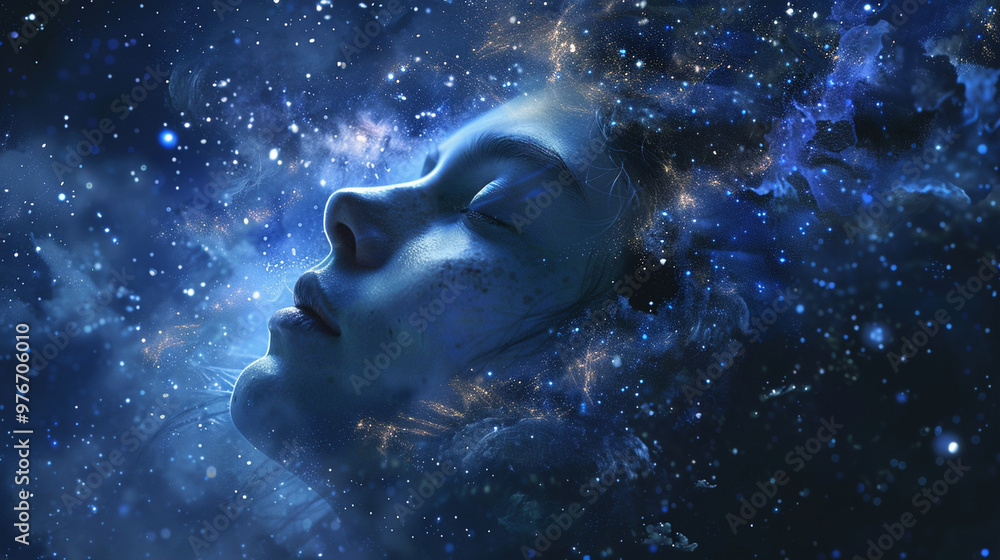 Fototapeta premium A person drifting in a glowing sea of stars and moonlight, with their face calm and serene as they enter the deep realm of sleep.