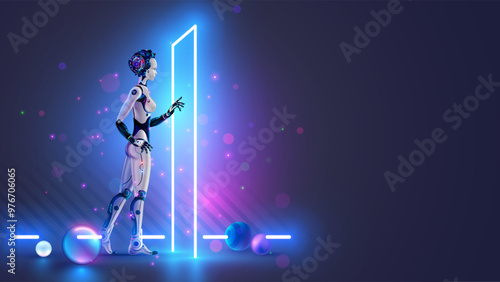 Woman robot or cyborg with AI enters futuristic door. AI or artificial intelligence learning concept. AI technology. Computer neural network training in image of female robot. Robot comes to door.