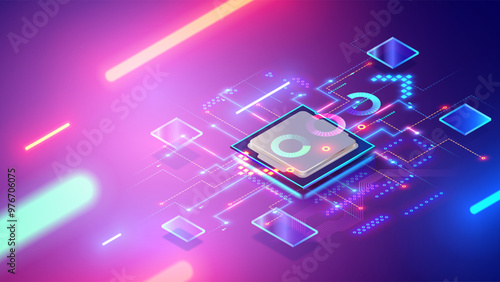 CPU or electronic chip processor with AI. Glowing AI chip on motherboard. Artificial intelligence technology in electronic chip on PCB board. Hardware tech electronic background. Isometric GPU or CPU.