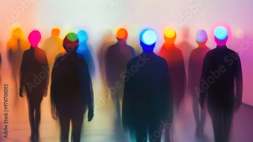 blurred human silhouettes, each with a vibrant color spot where their heads are, representing thoughts and emotions.  photo