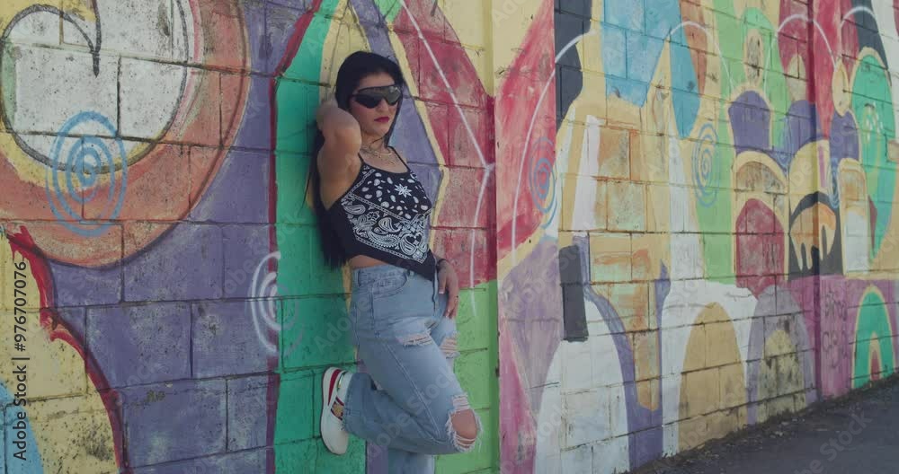 In the city, a young girl in street fashion stands near a wall decorated with graffiti. In the city, a young girl in street fashion stands near a wall decorated with graffiti.
