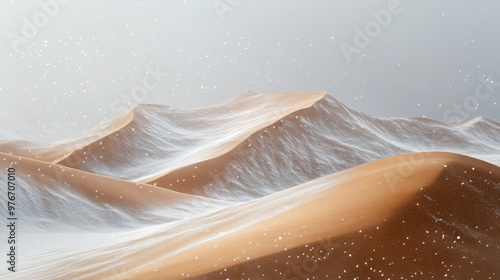  a rare snowstorm occurring in a desert landscape, with dunes partially covered in snow.  photo