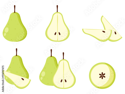 Set of green pear fruit collection clipart flat illustration