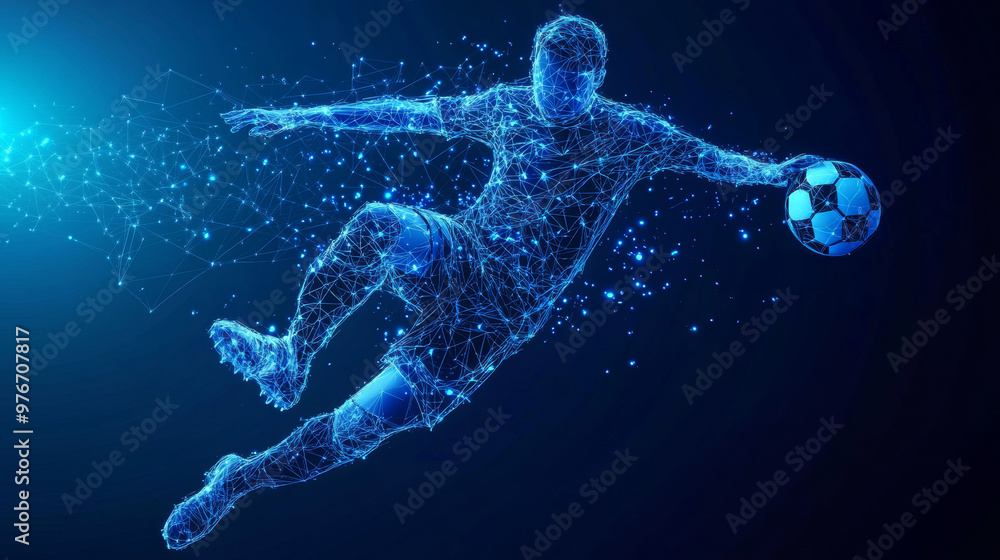 A thin line drawing of a soccer player in motion, created from blue polygons. The football goalkeeper leaps towards the ball in this abstract polygonal design. A thin line drawing of a soccer player in motion, created from blue polygons. The football goalkeeper leaps towards the ball in this abstract polygonal design.