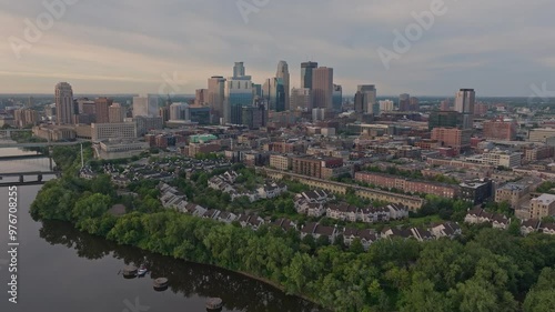 4K Forward Drone Shot of Minneapolis Skyline Near Bassett Creek Outfall Entrance