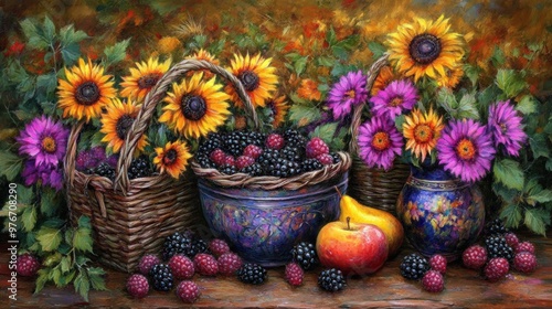 Wallpaper Mural A painting of sunflowers, berries, and apples Torontodigital.ca