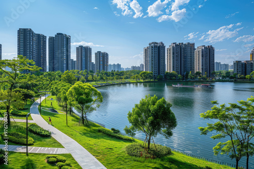 Urban residential communities, pedestrian walkways by the lake