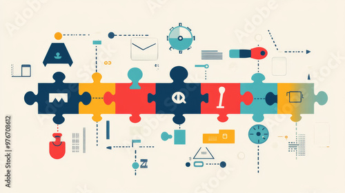 Retro Puzzle Timeline Infographic Template in Flat Design.