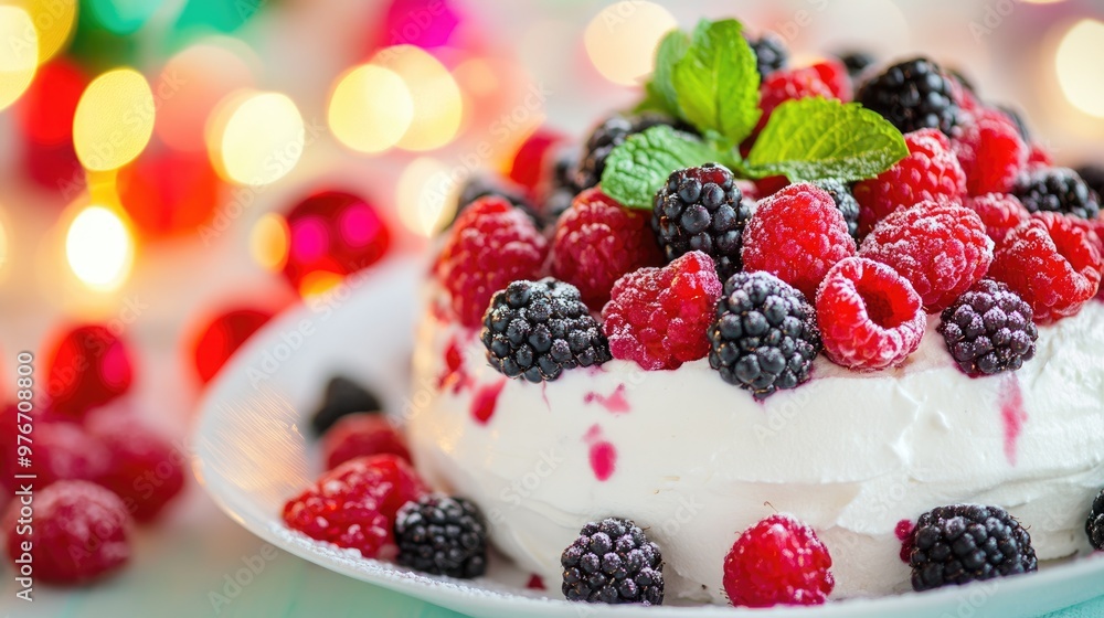 A beautifully arranged dessert features strawberries, raspberries, and blackberries on a plate with a sprinkle of sugar and mint garnish, set against twinkling background lights A beautifully arranged dessert features strawberries, raspberries, and blackberries on a plate with a sprinkle of sugar and mint garnish, set against twinkling background lights