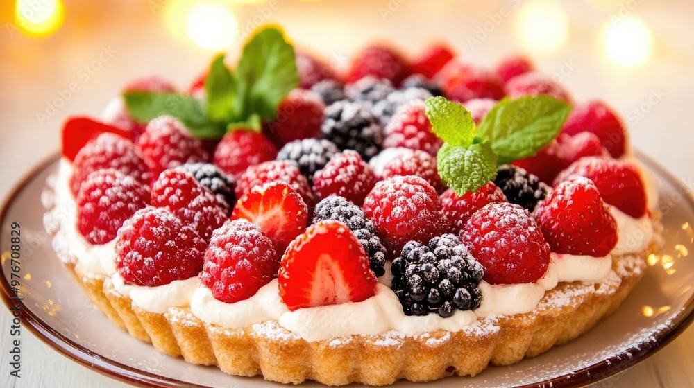 This delightful dessert is adorned with strawberries, raspberries, and blackberries on a delicate pastry, sprinkled with sugar and garnished with mint in a festive setting This delightful dessert is adorned with strawberries, raspberries, and blackberries on a delicate pastry, sprinkled with sugar and garnished with mint in a festive setting