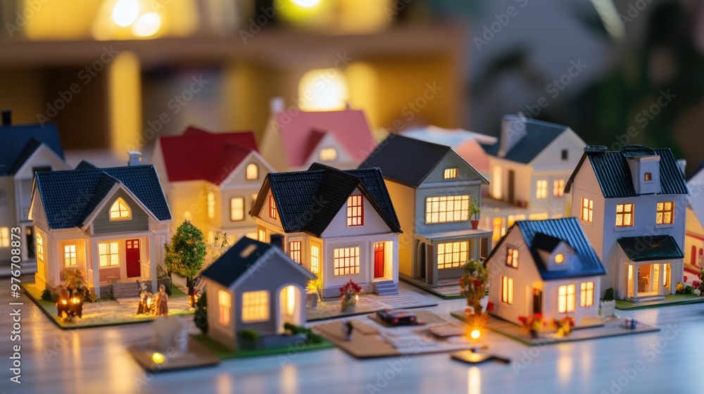 A group of small, brightly lit model homes sit on a table, arranged in a row. Each home is unique in its design and color, with some featuring different architectural styles A group of small, brightly lit model homes sit on a table, arranged in a row. Each home is unique in its design and color, with some featuring different architectural styles