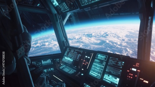 A view from inside a spaceship with astronauts looking out at Earth, a large window lined with high-tech panels revealing a beautiful view of Earth's clouds and ocean