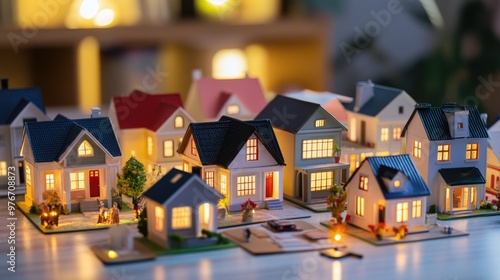 Wallpaper Mural A group of small, brightly lit model homes sit on a table, arranged in a row. Each home is unique in its design and color, with some featuring different architectural styles Torontodigital.ca
