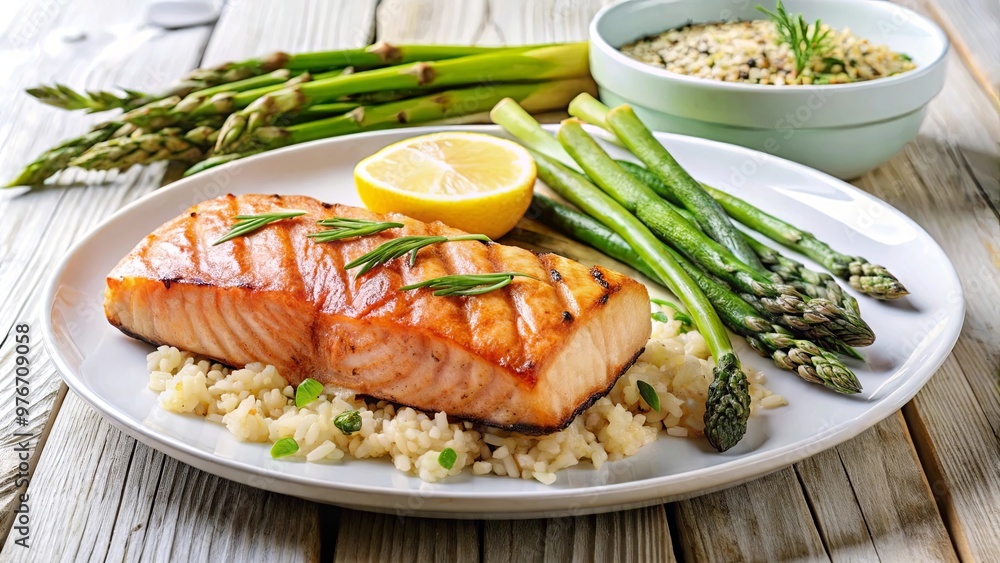 Grilled salmon fillet with asparagus and brown rice on white wooden surface Grilled salmon fillet with asparagus and brown rice on white wooden surface