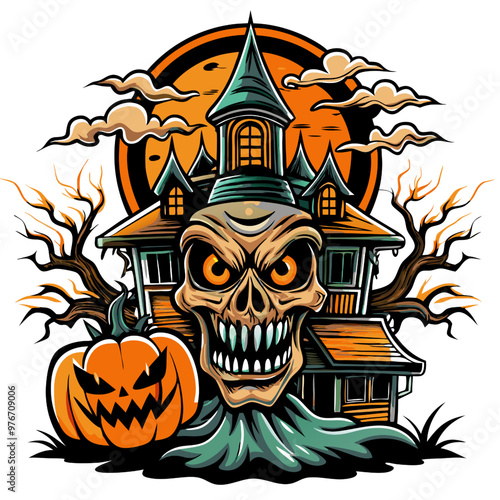 Haunted Halloween Hideaway: A spooky skull with glowing eyes guards a creepy haunted house under an eerie orange moon. This vibrant illustration is perfect for Halloween designs. 