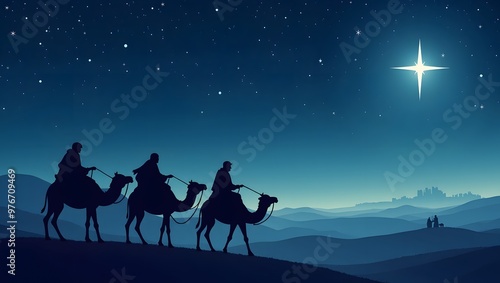 Wise Men Following the Star, Three wise men riding camels in the desert, following a bright star. Silhouette illustration.