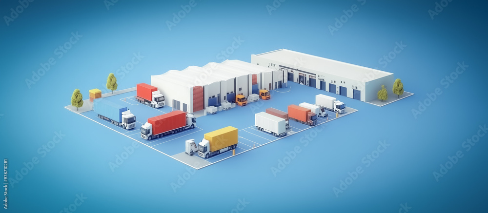 Fototapeta premium Logistics facility with trucks and warehouses depicted in a 3D isometric style. The blue background highlights the industrial setting, with a focus on shipping, cargo handling, and transportation