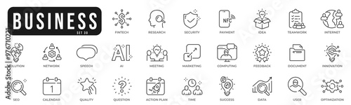 Business related original icons. Network, teamwork, payment, computing, seo, ai etc. Editable stroke. Set 30