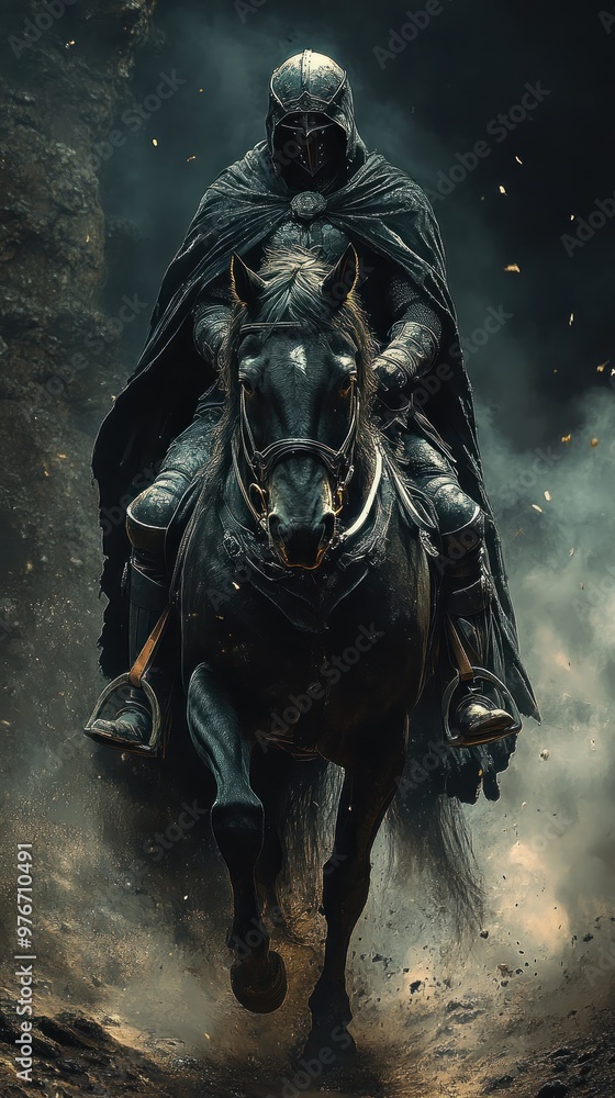 A dark knight riding a powerful horse through a smoky landscape. A dark knight riding a powerful horse through a smoky landscape.