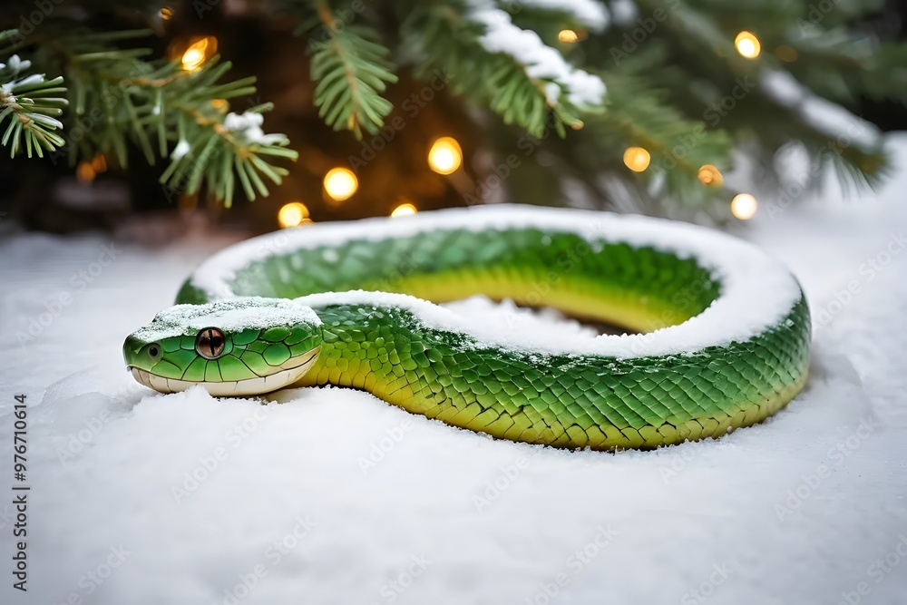 Fototapeta premium A Green Snake under the Christmas tree
