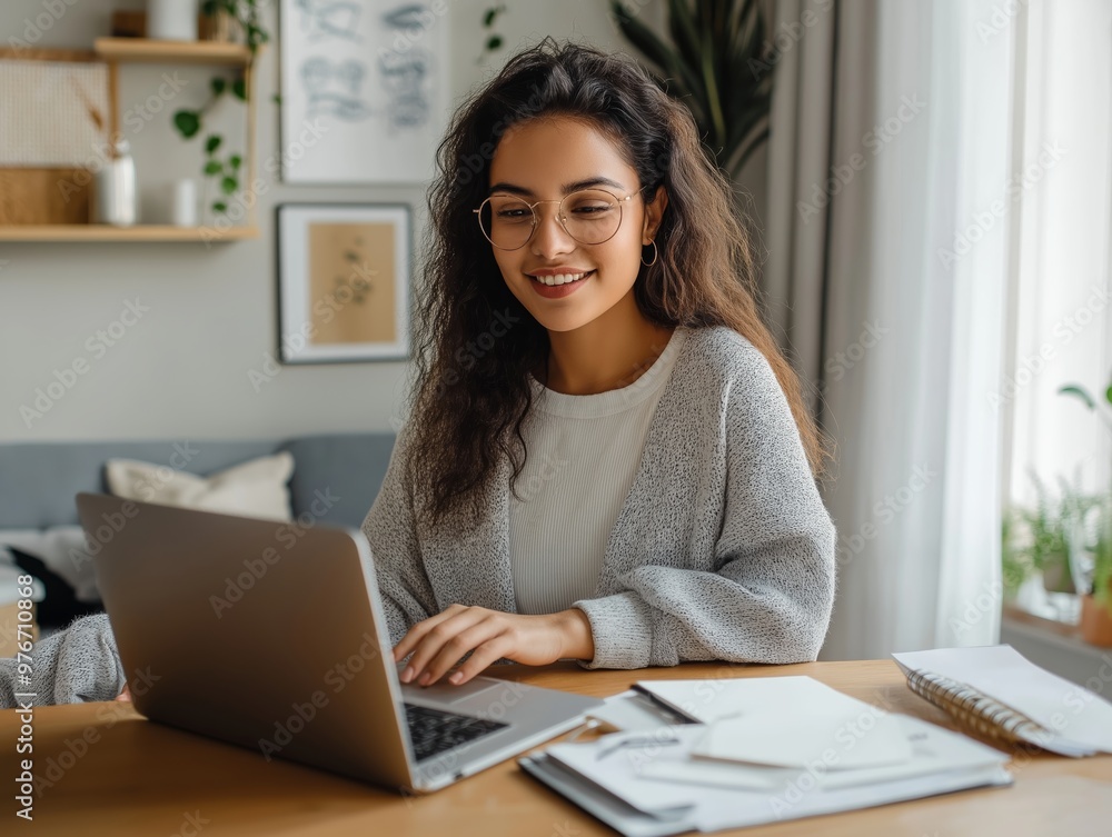 Smiling woman working on a laptop at home office. Cozy workspace with plants and decor. Remote work and productivity concept.