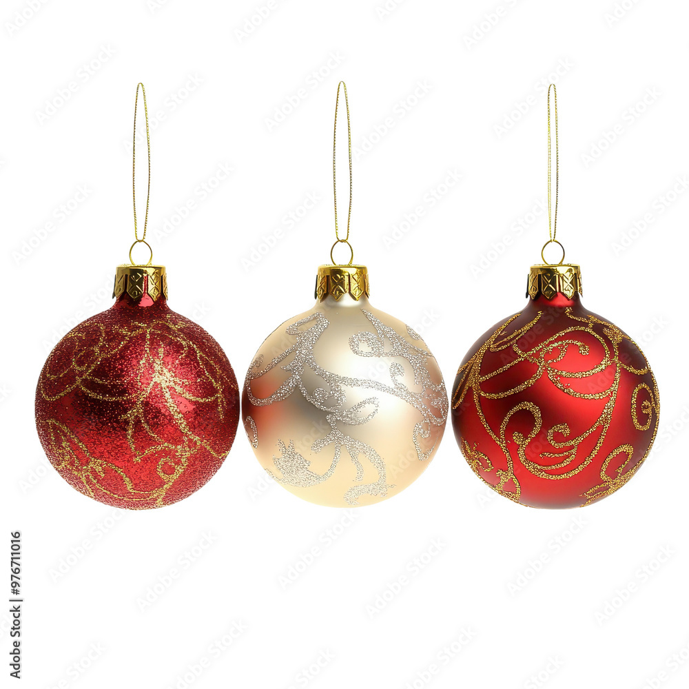 Trio of classic Christmas baubles in red and gold, isolated on white background Trio of classic Christmas baubles in red and gold, isolated on white background