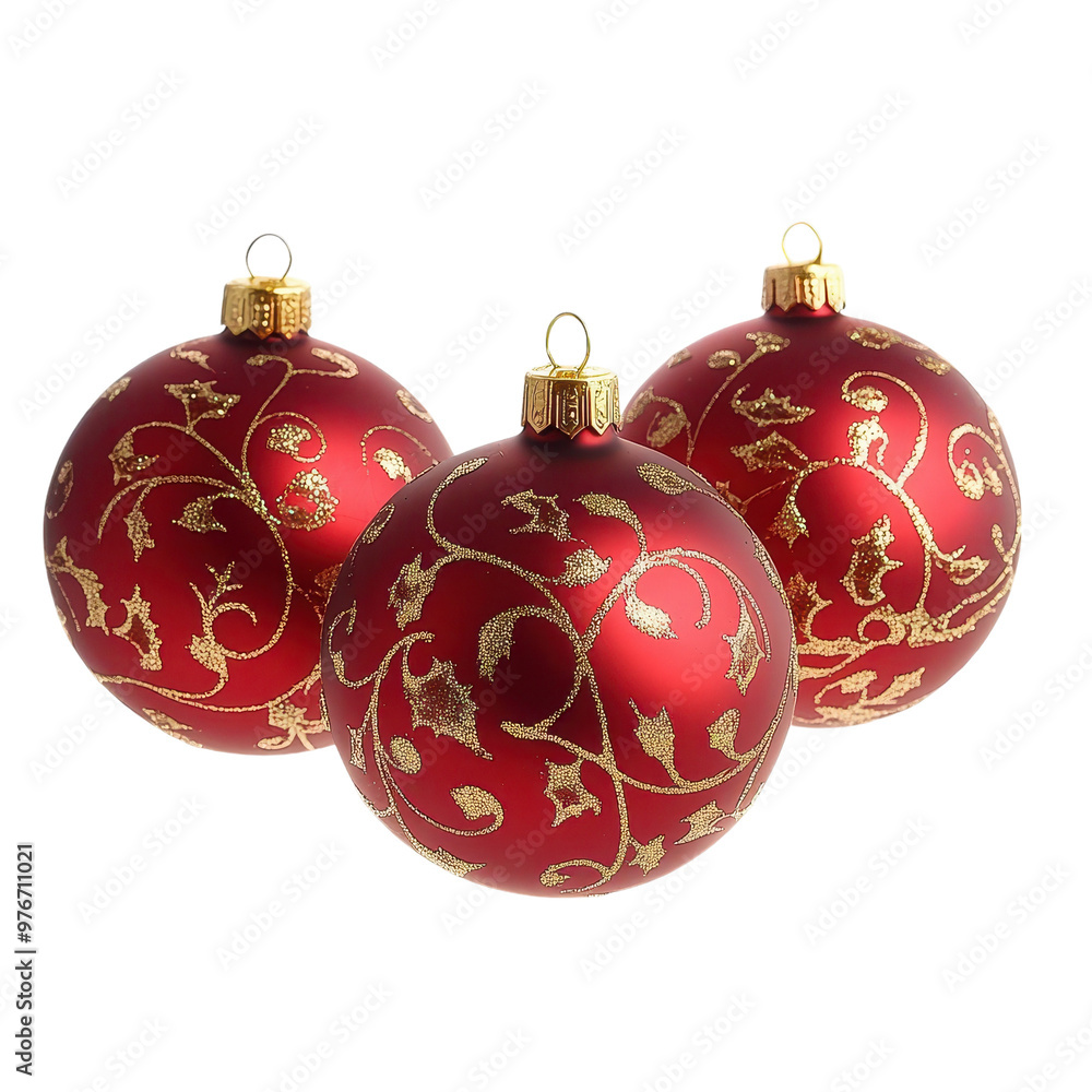 Set of red Christmas baubles with intricate designs, isolated on white background Set of red Christmas baubles with intricate designs, isolated on white background