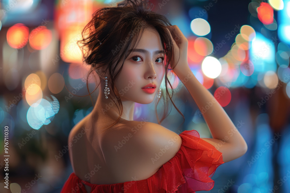Naklejka premium At night, a young woman wearing a red dress