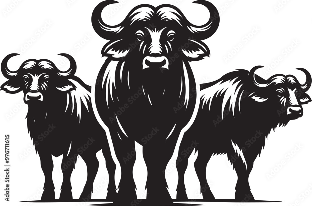 Fototapeta premium Group of Wild Buffalo Silhouette vector illustration isolated on a white background