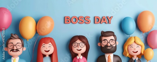 Happy employees at Boss Day office party, colorful streamers and balloons, 3D illustration