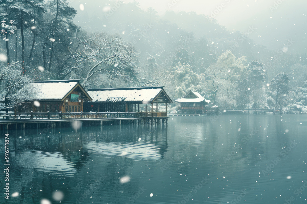 Fototapeta premium On snowy days, the wooden pavilion and boardwalk by the lake