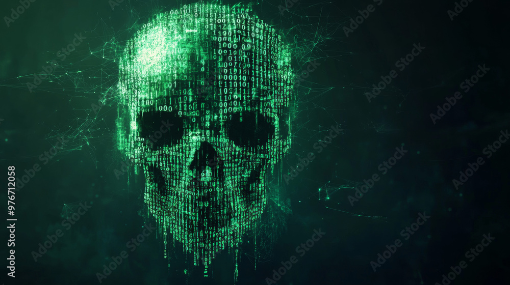 Vector illustration of a skull made from green binary code. Represents internet piracy, hacking, and security concerns. Features malware, virus, ransomware, and system glitches, abstractly visualizing Vector illustration of a skull made from green binary code. Represents internet piracy, hacking, and security concerns. Features malware, virus, ransomware, and system glitches, abstractly visualizing