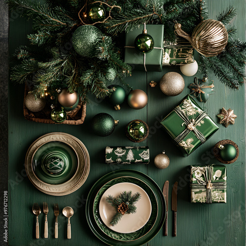 Paquets cadeaux de Noël disposés sur une surface verte, couleurs festives