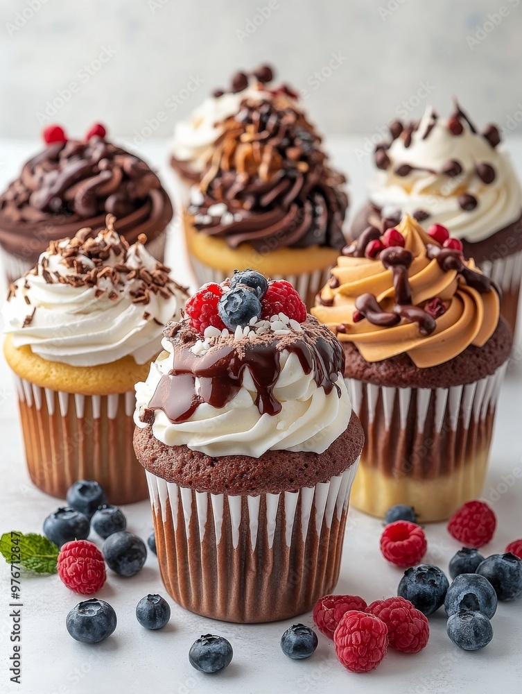 gourmet cupcakes with intricate designs toppings photographed pristine white surface creating fresh clean look gourmet cupcakes with intricate designs toppings photographed pristine white surface creating fresh clean look