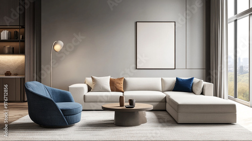 Empty room with plants and blue wall, The mock up interior design of modern house and apartment luxury cozy living room