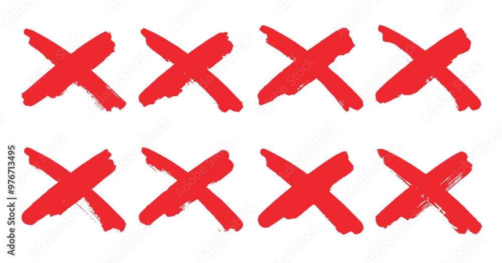 Obraz premium Bold hand painted red X cross mark rough brush strokes, disapproval, choice, mistake, error, cancel incorrect symbol.