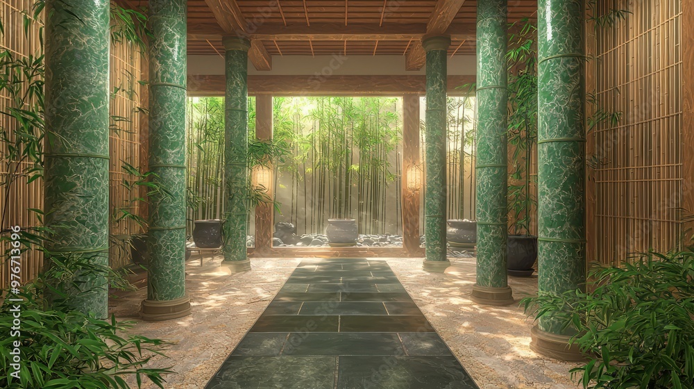 Tranquil Japanese hall with bamboo green marble columns and a slate floor. Tranquil Japanese hall with bamboo green marble columns and a slate floor.