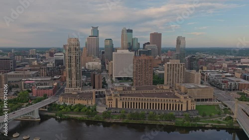 4K Slow Rotating Aerial View of Minneapolis Skyline Overlooking Mississippi