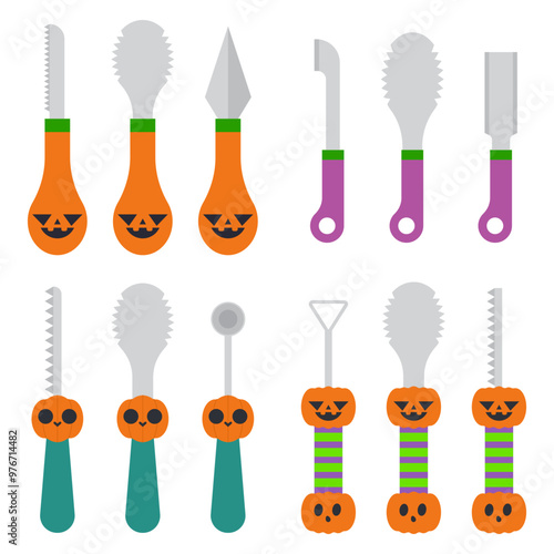Pumpkin carving kits for creating jack-o-lantern vector cartoon set isolated on a white background.