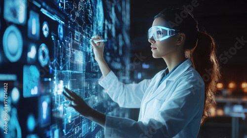 Young scientists interacting with a virtual screen against a dark background.