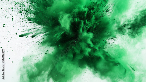 緑色のパウダーが爆発する瞬間を白背景にリアルに描いたAI生成画像