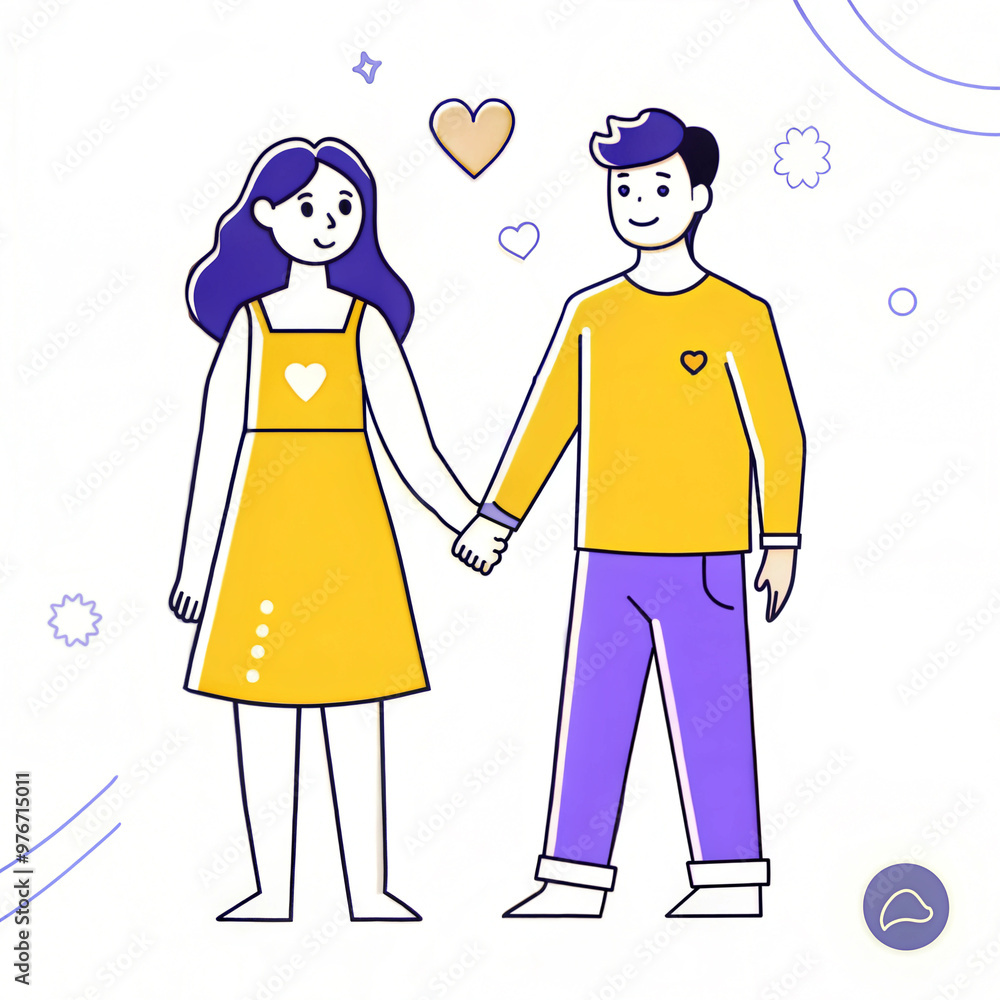 Cartoon Man and Woman Holding Hands with Hearts and Stars in Yellow and Purple Colors Cartoon Man and Woman Holding Hands with Hearts and Stars in Yellow and Purple Colors
