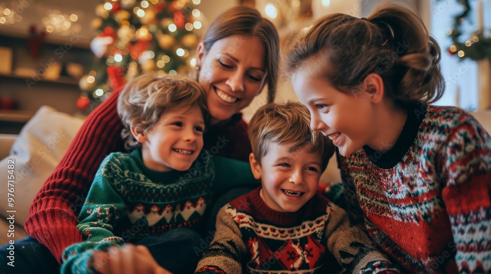 Happy family a mother with kids is sitting in their living room, enjoying each other's company on christmas morning. The christmas tree is decorated in the background, to the festive atmosphere Happy family a mother with kids is sitting in their living room, enjoying each other's company on christmas morning. The christmas tree is decorated in the background, to the festive atmosphere