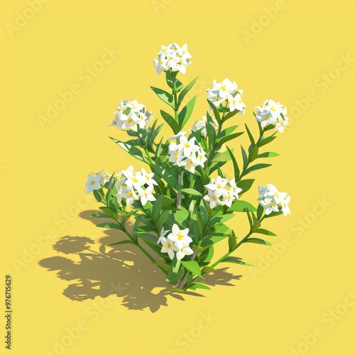 Isometric Yellow Flower Bush, Low Poly Art, Simplified Detail Generative AI