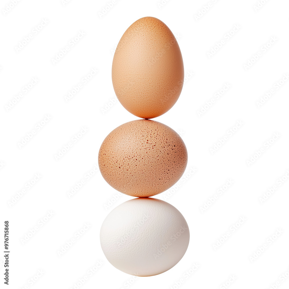 Stack of three eggs, brown, beige, and white on a white background Stack of three eggs, brown, beige, and white on a white background
