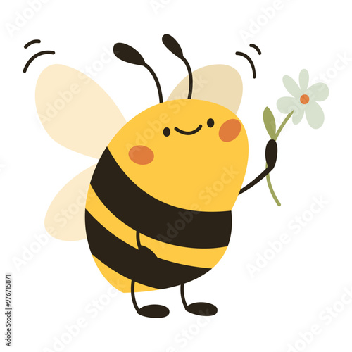 Cute vector illustration in children's style. Cute bee holding a daisy in its paws. Illustration on white background. Vector illustration